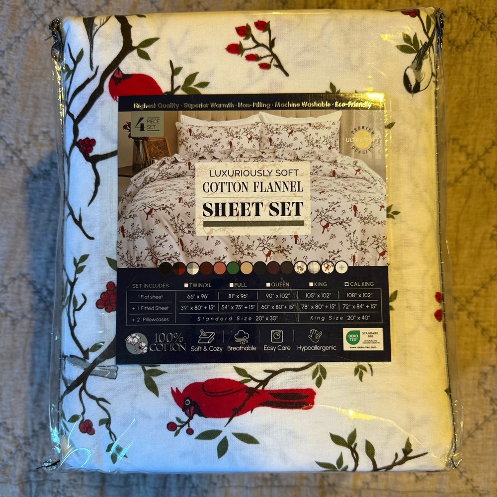 Bird Print Turkish Cotton Flannel Cal King Sheet Set